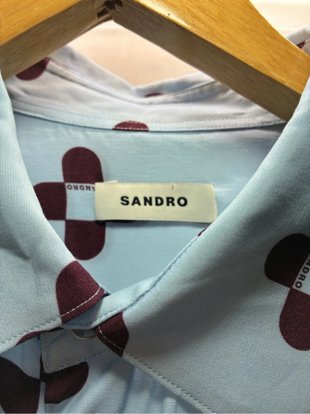 Sandro Light Blue Short-Sleeve Button-Down with Burgundy Geometric Print